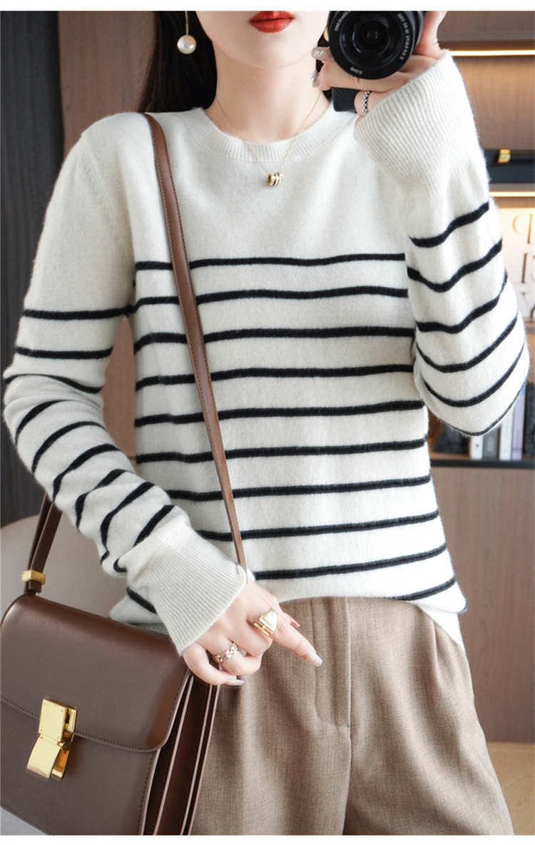 ChicShe ChicShe Women's Round Neck Sweater 2023 Autumn Winter New Long Sleeve Striped Pullover Slimming Knitted Wool Base Shirt_voghion.com