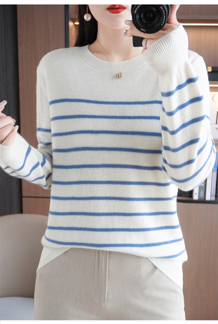 ChicShe ChicShe Women's Round Neck Sweater 2023 Autumn Winter New Long Sleeve Striped Pullover Slimming Knitted Wool Base Shirt_voghion.com