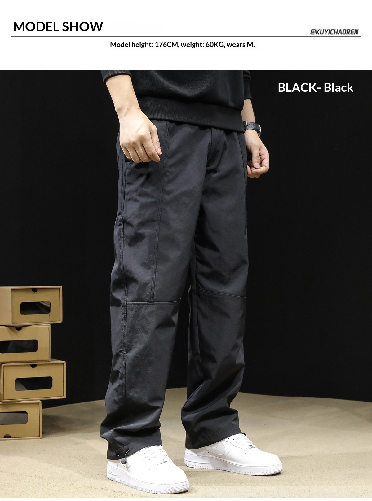 Pantaloni cargo larghi e dritti neri alla moda da uomo, nuovi, autunno 2025, casual_voghion.com