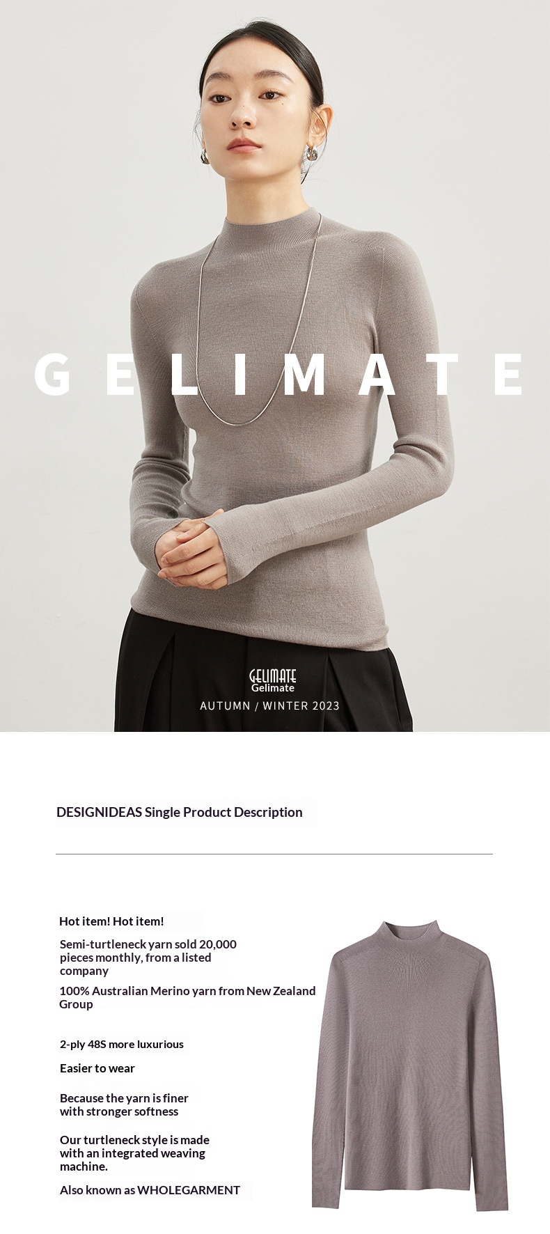 ChicShe ChicShe Xin Ao Pull tricoté sans couture en laine fine 100 % pour femme, taille 25, début d'automne, col roulé._voghion.com