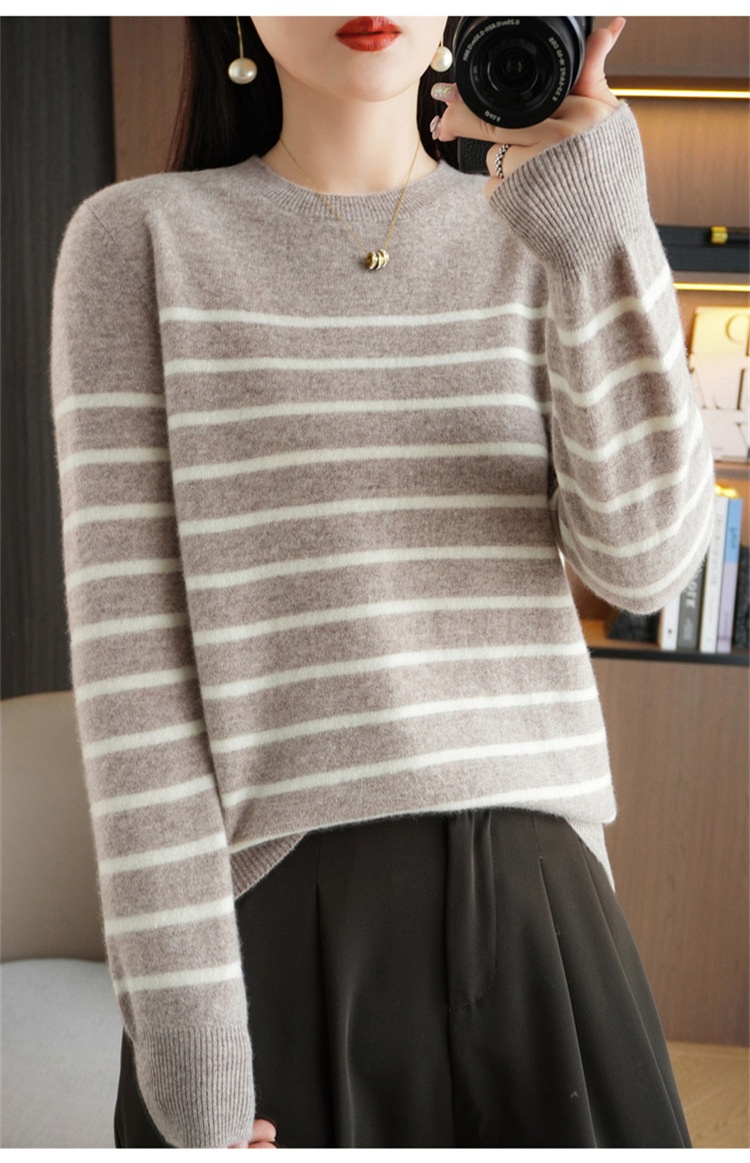 ChicShe ChicShe Women's Round Neck Sweater 2023 Autumn Winter New Long Sleeve Striped Pullover Slimming Knitted Wool Base Shirt_voghion.com