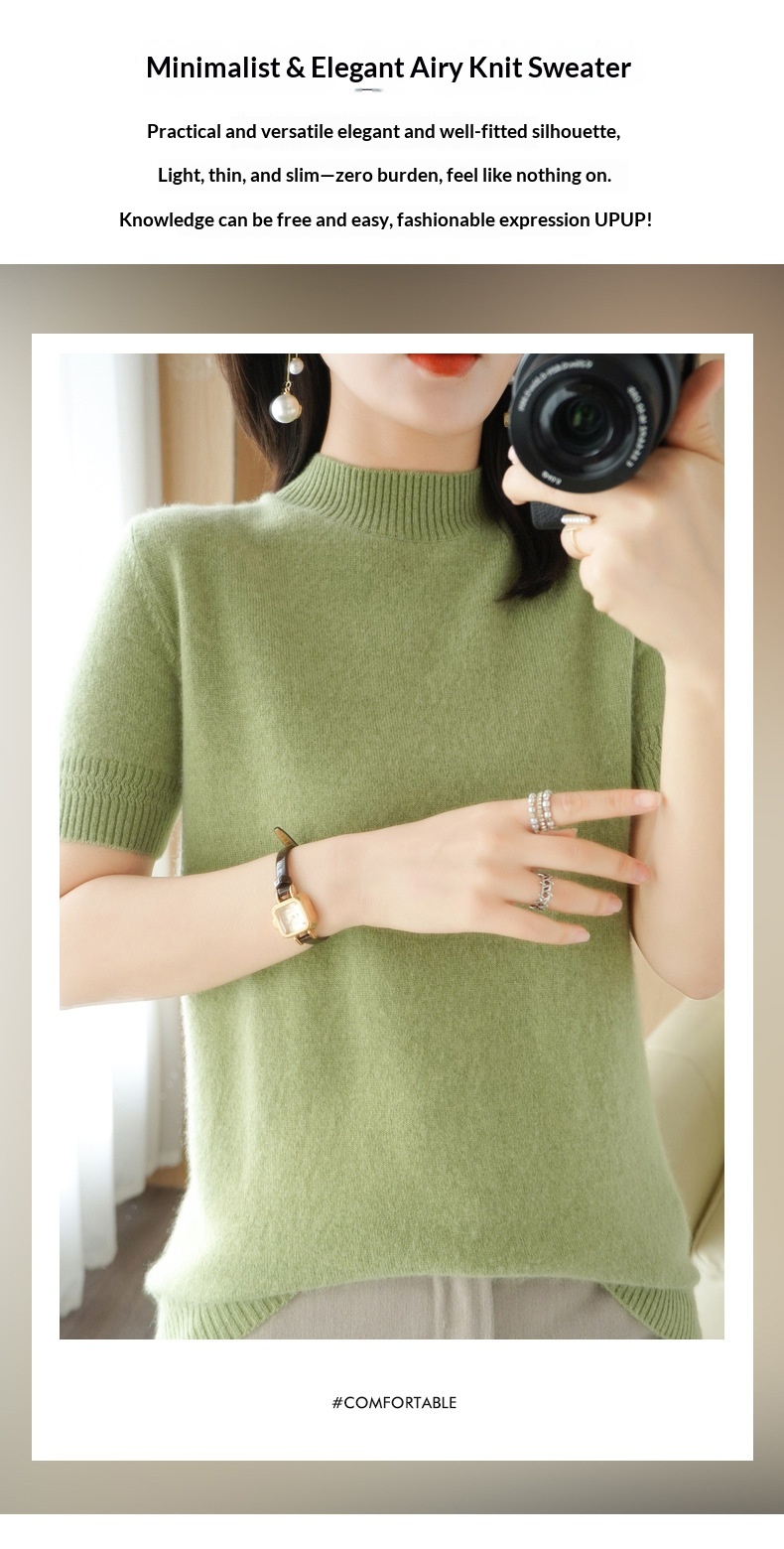 ChicShe ChicShe Spring And Autumn Turtleneck Women's Base Shirt Loose Wool Blend Short Inner Wear Half Sleeve Knitted Thin Sweater_voghion.com