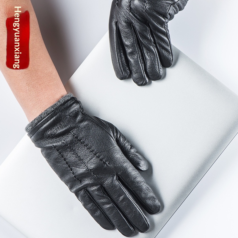 boy Boy Boy Hengyuanxiang Sheepskin Touchscreen Men's Autumn Winter Trendy Fleece Lined Thickened Cycling Genuine Leather Gloves_voghion.com