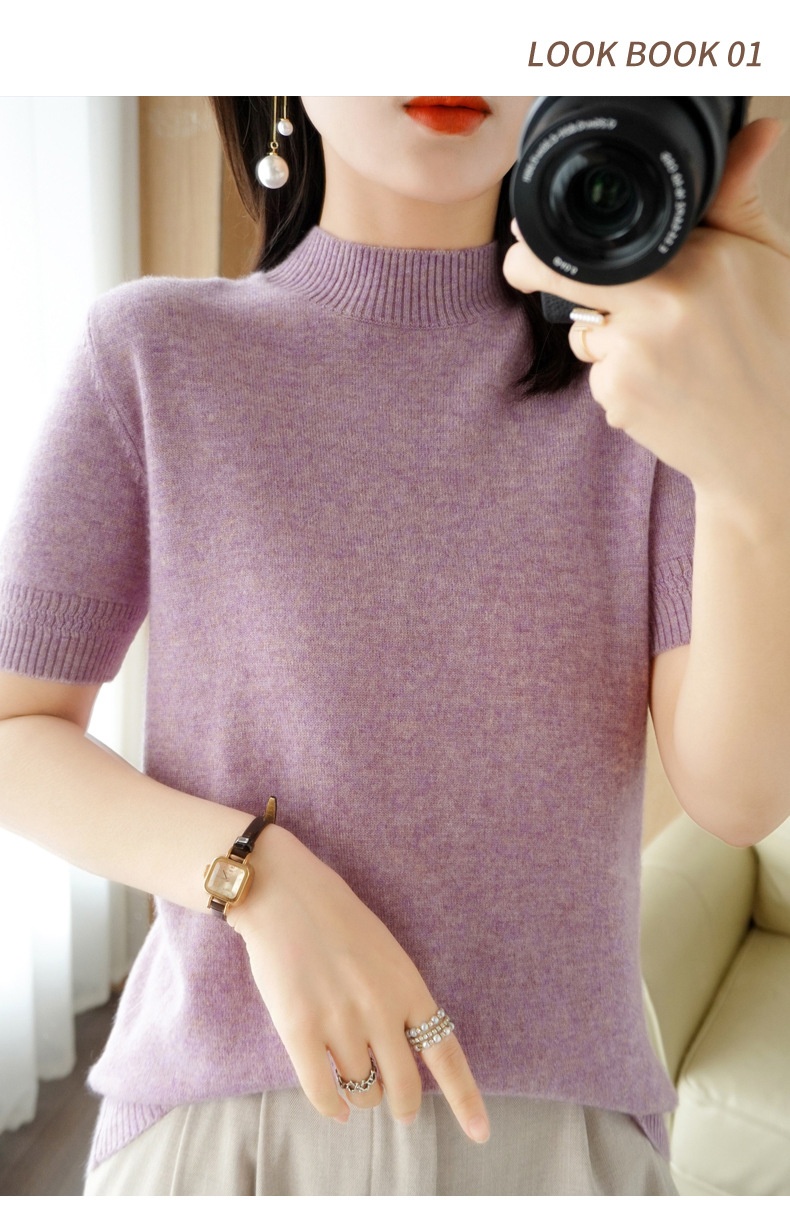 ChicShe ChicShe Spring And Autumn Turtleneck Women's Base Shirt Loose Wool Blend Short Inner Wear Half Sleeve Knitted Thin Sweater_voghion.com