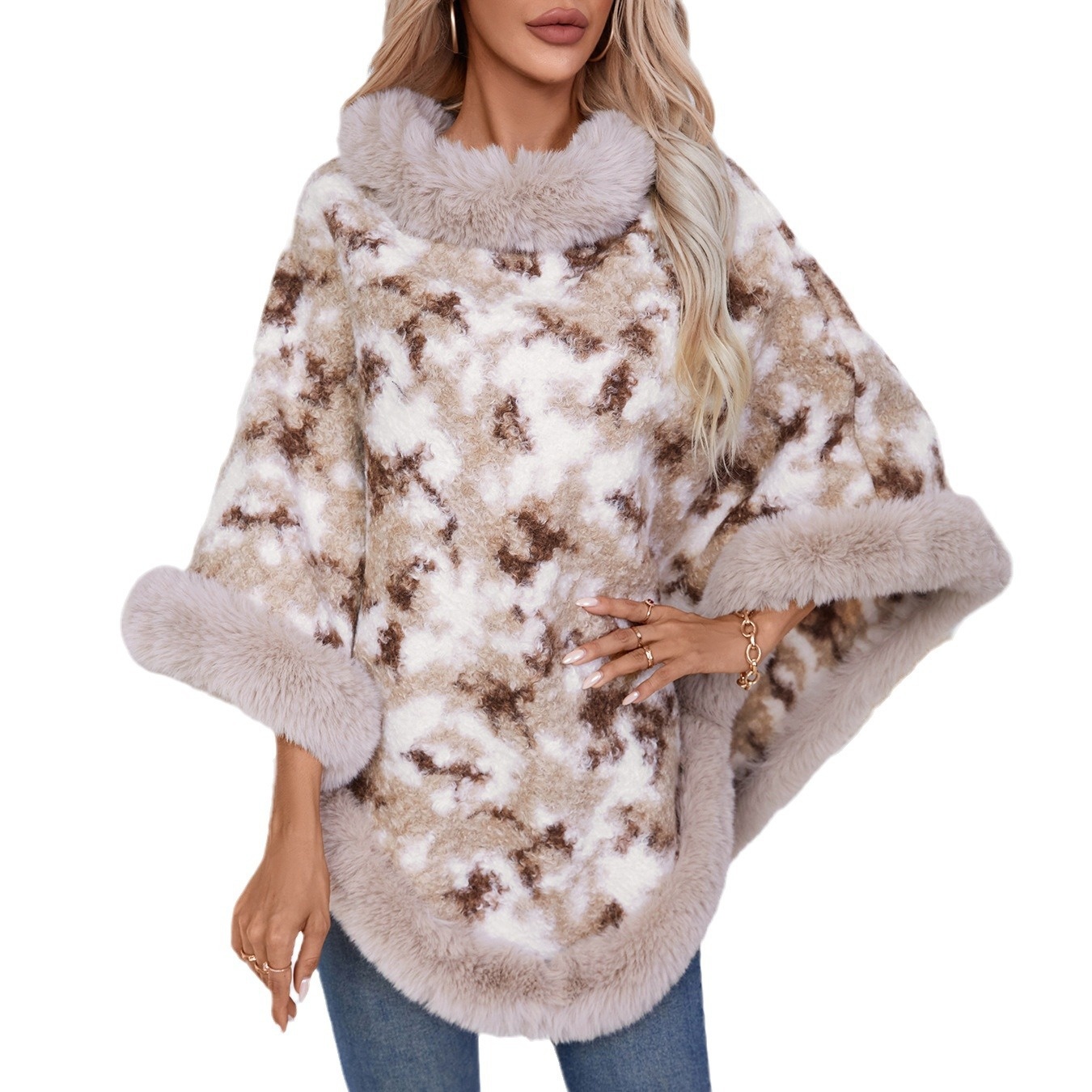 ChicShe ChicShe Fuzzy Rain European And American Cross-Border Fur Collar Pullover Color-Block Leopard Print Knitted Cape For Women_voghion.com