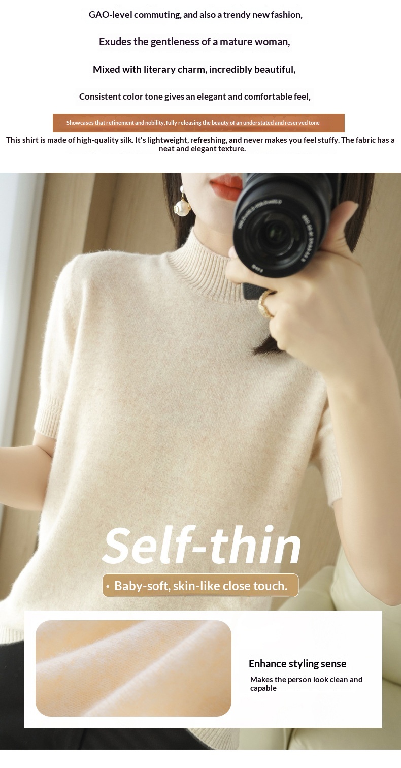 ChicShe ChicShe Spring And Autumn Turtleneck Women's Base Shirt Loose Wool Blend Short Inner Wear Half Sleeve Knitted Thin Sweater_voghion.com