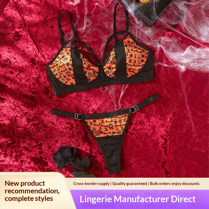 Eros Lab Cross-Border New Halloween Pattern Sexy Pure Desire Lingerie European And American Plus Size Push-Up Bra Two-Piece Set_voghion.com