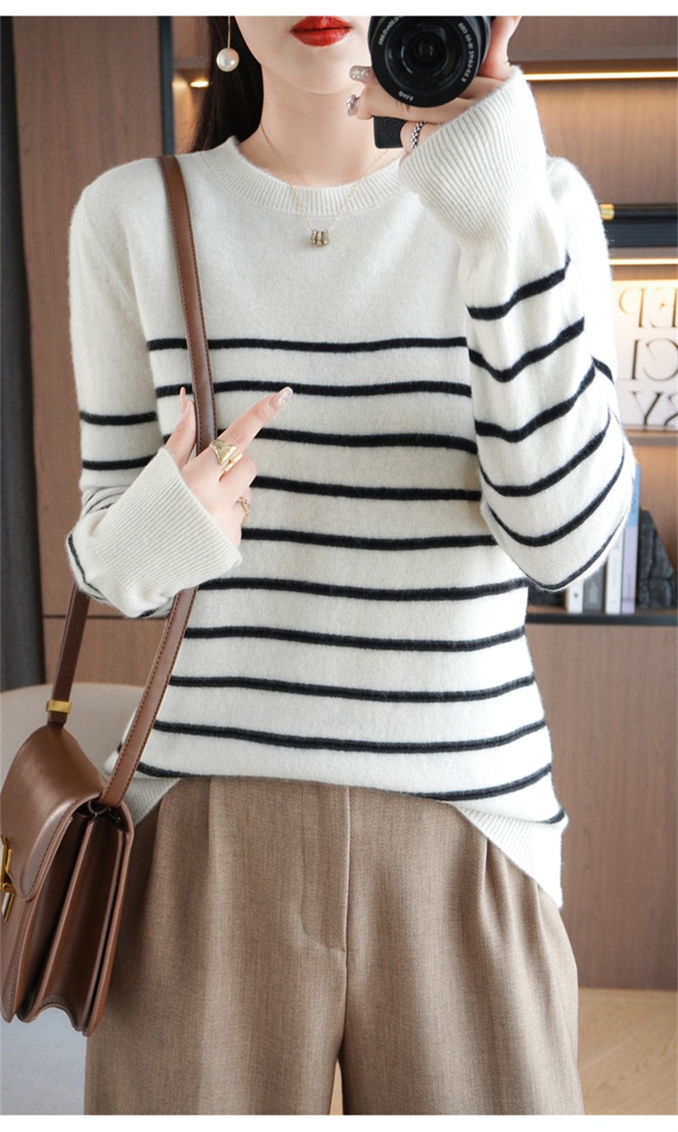 ChicShe ChicShe Women's Round Neck Sweater 2023 Autumn Winter New Long Sleeve Striped Pullover Slimming Knitted Wool Base Shirt_voghion.com