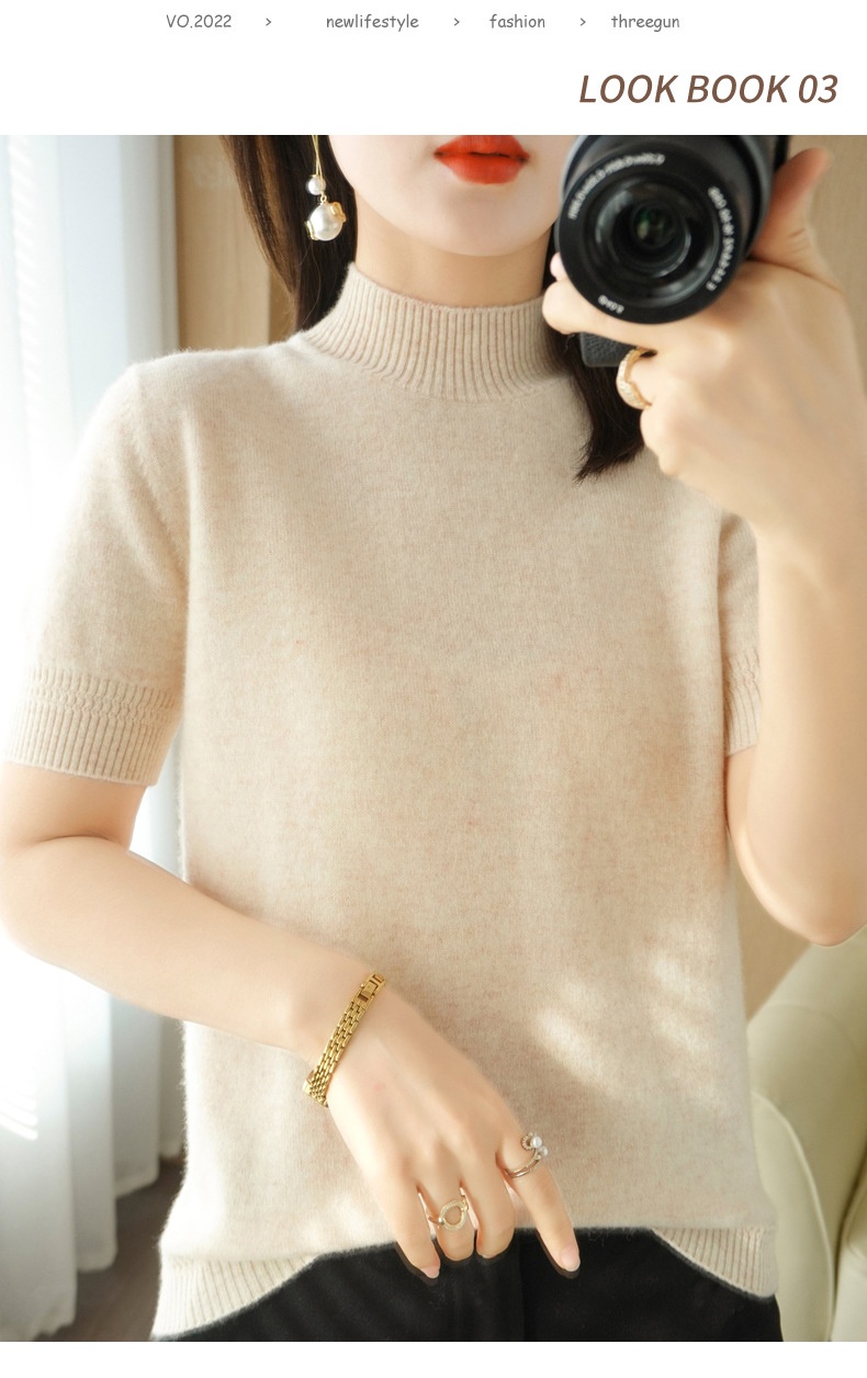 ChicShe ChicShe Spring And Autumn Turtleneck Women's Base Shirt Loose Wool Blend Short Inner Wear Half Sleeve Knitted Thin Sweater_voghion.com
