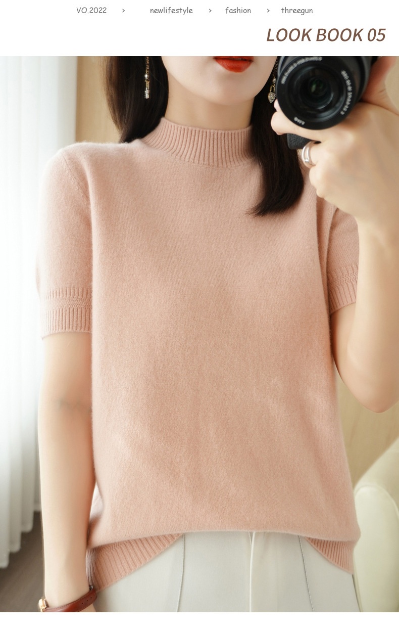 ChicShe ChicShe Spring And Autumn Turtleneck Women's Base Shirt Loose Wool Blend Short Inner Wear Half Sleeve Knitted Thin Sweater_voghion.com