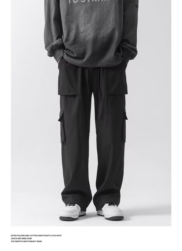 boy Black Cargo Casual 2023 Spring Autumn Versatile Stylish Wide-leg Sports Straight Pants For Men_voghion.com