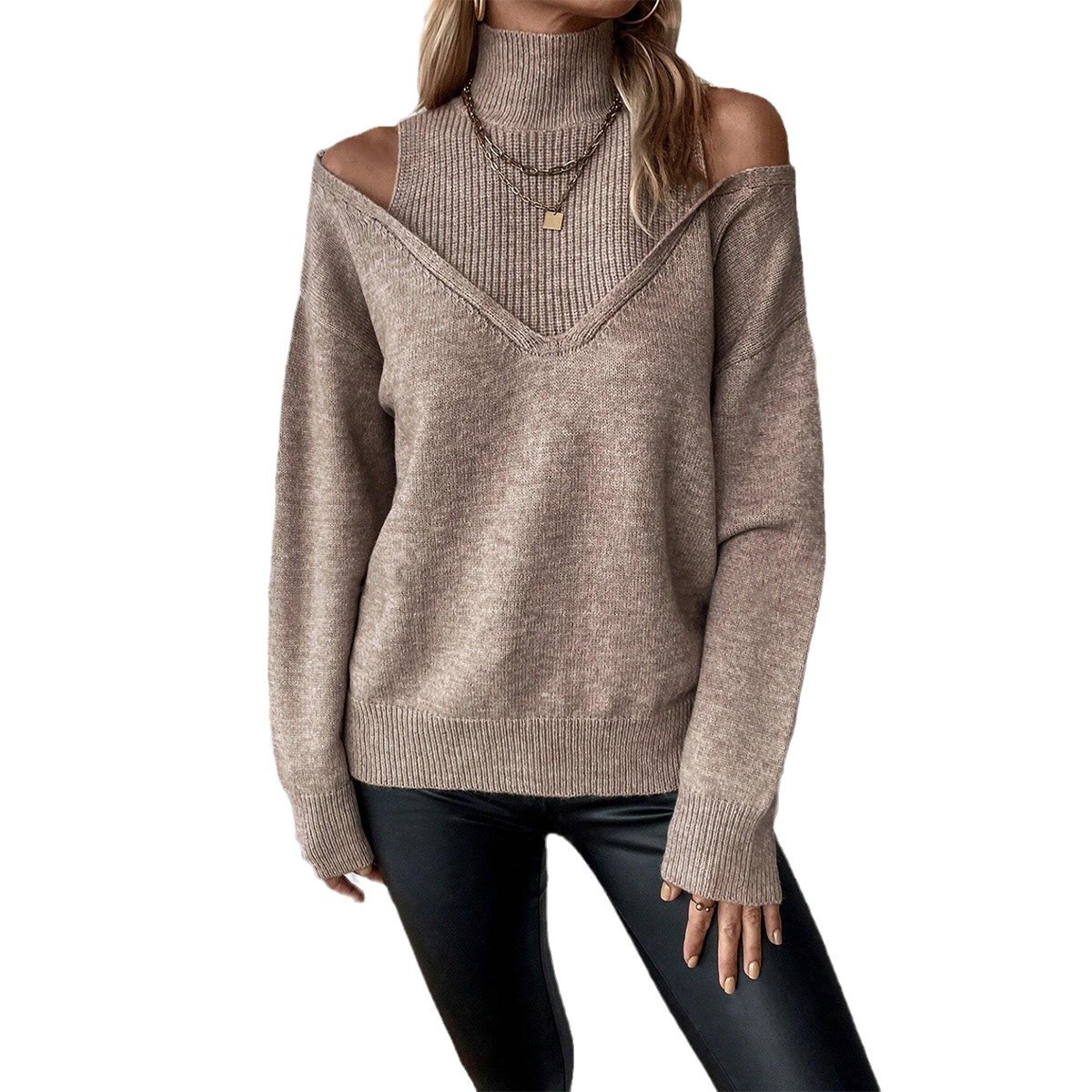 ChicShe ChicShe Autumn Winter Cross-Border European And American Women's Knitted Export Off-Shoulder Half Turtleneck Solid Color_voghion.com
