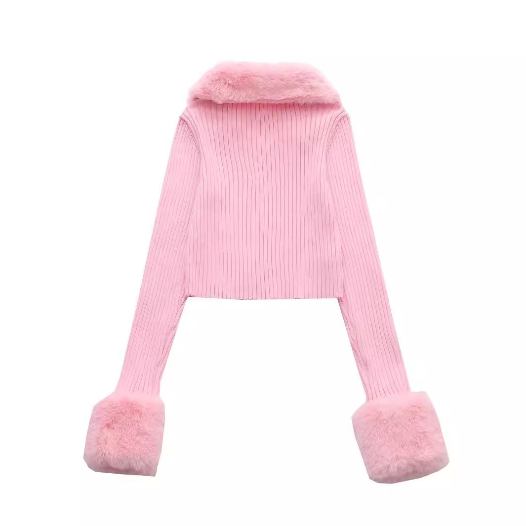 Pull en maille rose à col rond et coupe ajustée, manches courtes et longues, style européen et américain, poignets duveteux et fermeture éclair._voghion.com