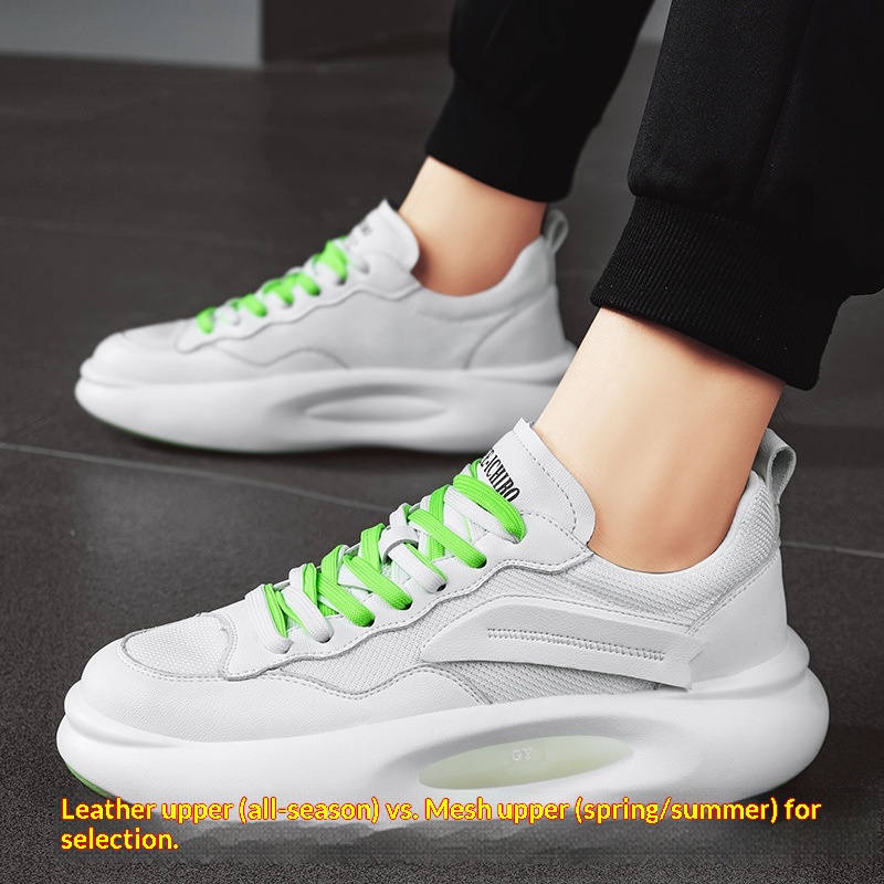 Tênis esportivo Zees de couro genuíno para casal, com sola grossa, branco, estilo casual e moderno, ideal para outono/inverno. Versátil e estiloso, perfeito para homens e mulheres._voghion.com