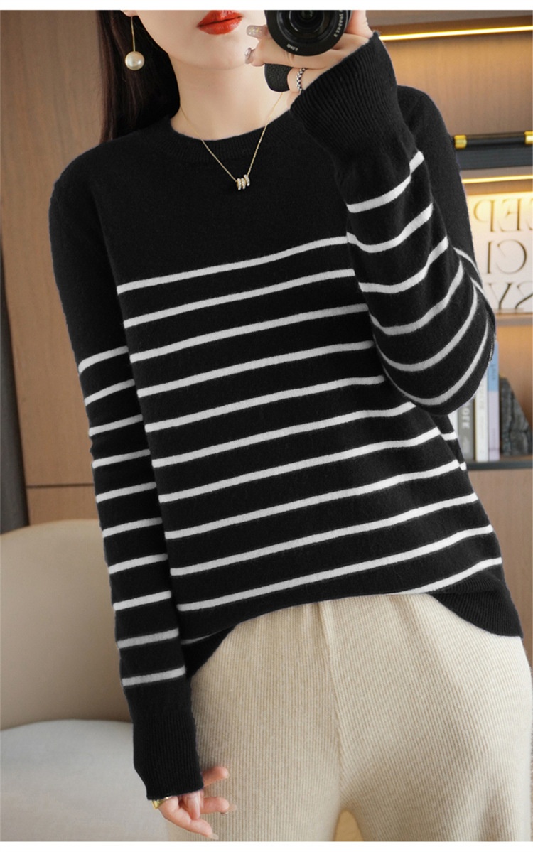 ChicShe ChicShe Women's Round Neck Sweater 2023 Autumn Winter New Long Sleeve Striped Pullover Slimming Knitted Wool Base Shirt_voghion.com