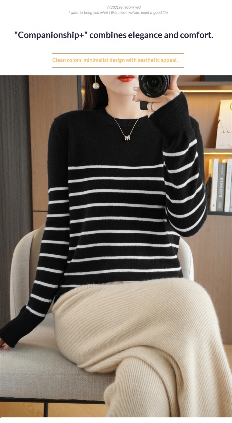 ChicShe ChicShe Women's Round Neck Sweater 2023 Autumn Winter New Long Sleeve Striped Pullover Slimming Knitted Wool Base Shirt_voghion.com