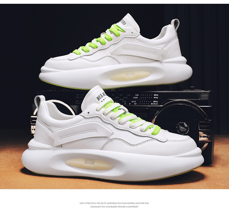 Tênis esportivo Zees de couro genuíno para casal, com sola grossa, branco, estilo casual e moderno, ideal para outono/inverno. Versátil e estiloso, perfeito para homens e mulheres._voghion.com