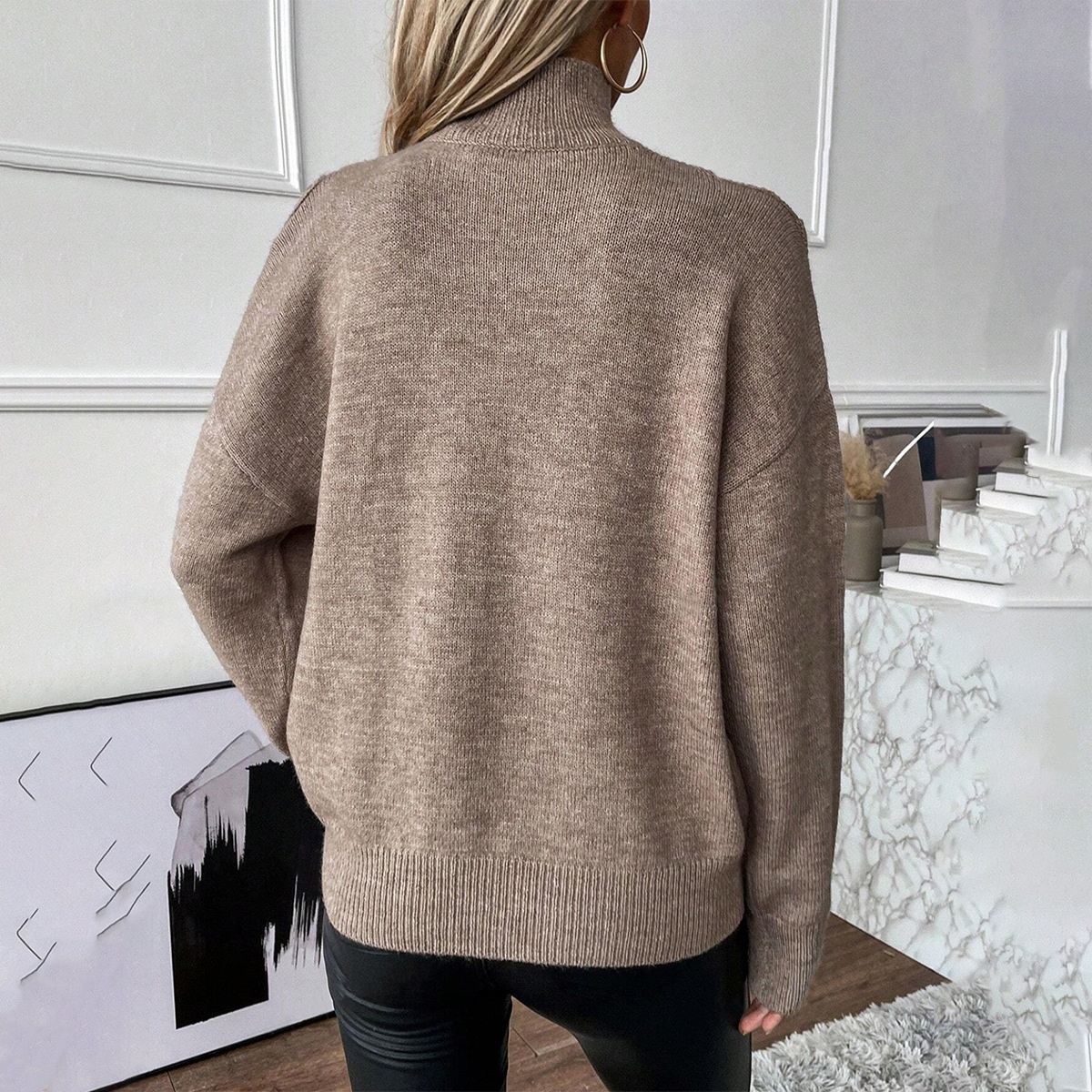 ChicShe ChicShe Autumn Winter Cross-Border European And American Women's Knitted Export Off-Shoulder Half Turtleneck Solid Color_voghion.com