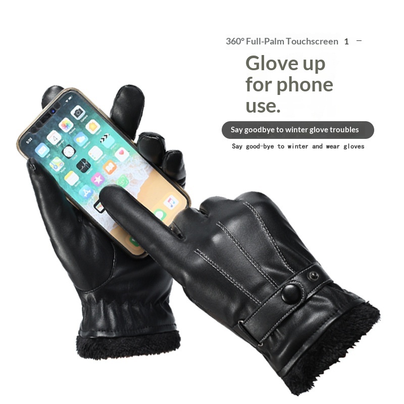 boy Boy Boy PU Wool Screw Mouth Three-Line Fleece-Lined Arctic Fleece Thickened Gloves Cycling Warm Touchscreen Men Winter_voghion.com