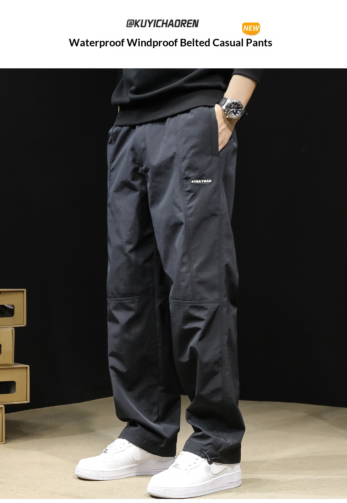 Pantaloni cargo larghi e dritti neri alla moda da uomo, nuovi, autunno 2025, casual_voghion.com
