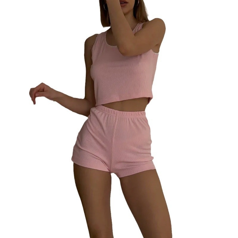 ChicShe 2025 Nowy europejski amerykański styl casualowy damski jednolity kolor koronkowe szorty z wysokim stanem i top sportowy dwuczęściowy_voghion.com