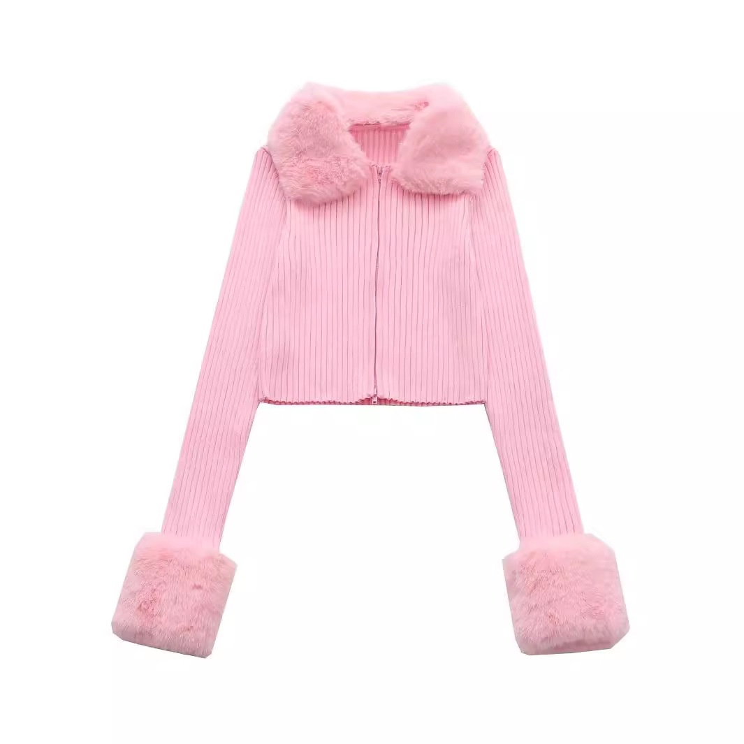 Pull en maille rose à col rond et coupe ajustée, manches courtes et longues, style européen et américain, poignets duveteux et fermeture éclair._voghion.com