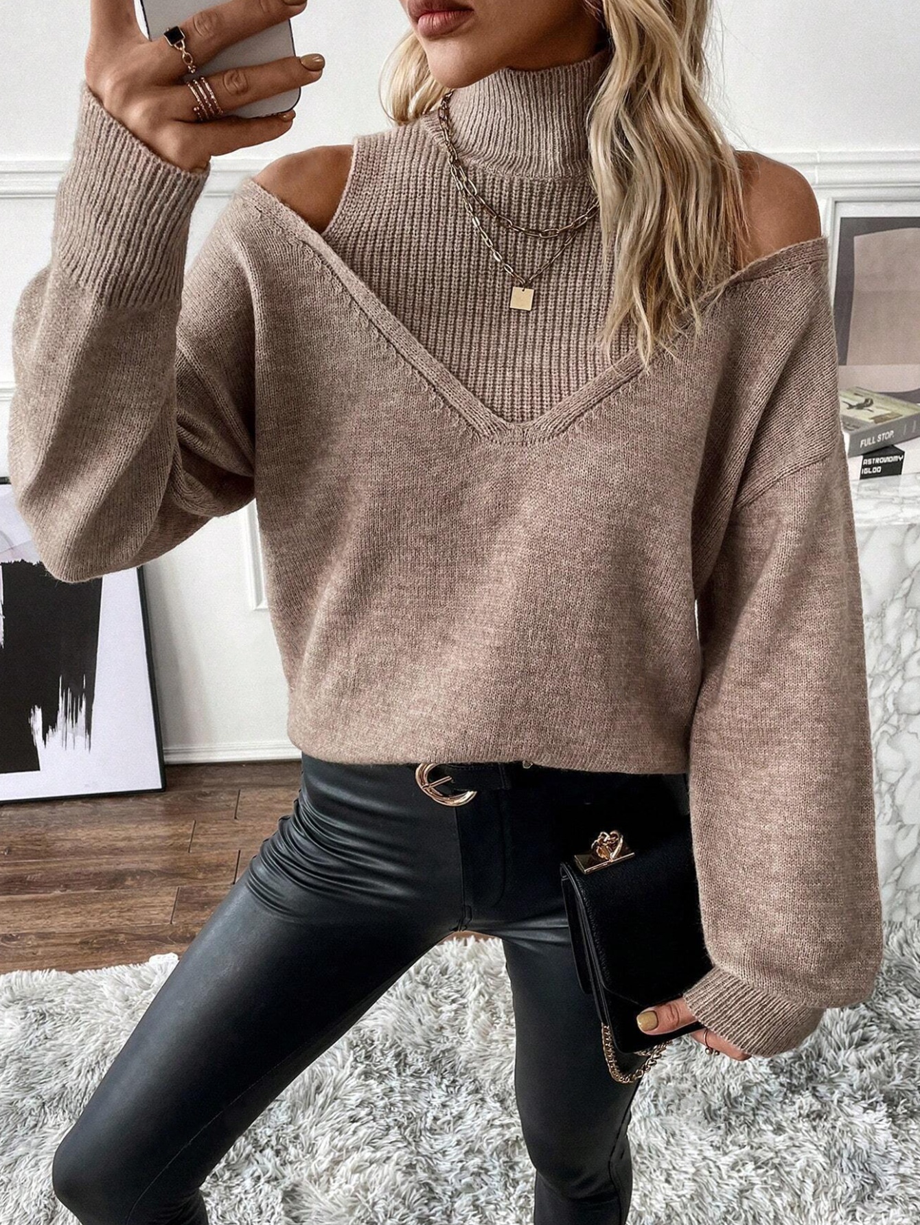 ChicShe ChicShe Autumn Winter Cross-Border European And American Women's Knitted Export Off-Shoulder Half Turtleneck Solid Color_voghion.com