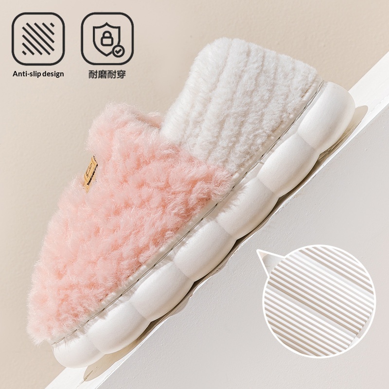 Zees Zees Women's Winter 2024 New Indoor Plush Couple Slippers Non-Slip Men's Home Cotton Shoes_voghion.com