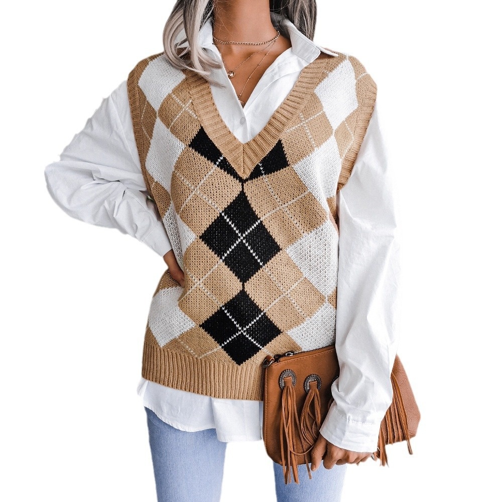 ChicShe ChicShe Liquidazione 2024 Autunno Inverno Stile College Europeo e Americano Maglione Casual Lavorato a Maglia con Scollo a V e Rombi_voghion.com