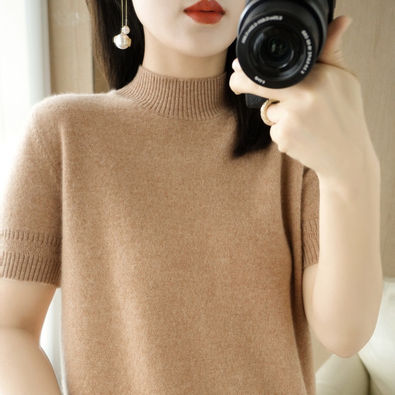 ChicShe ChicShe Spring And Autumn Turtleneck Women's Base Shirt Loose Wool Blend Short Inner Wear Half Sleeve Knitted Thin Sweater_voghion.com