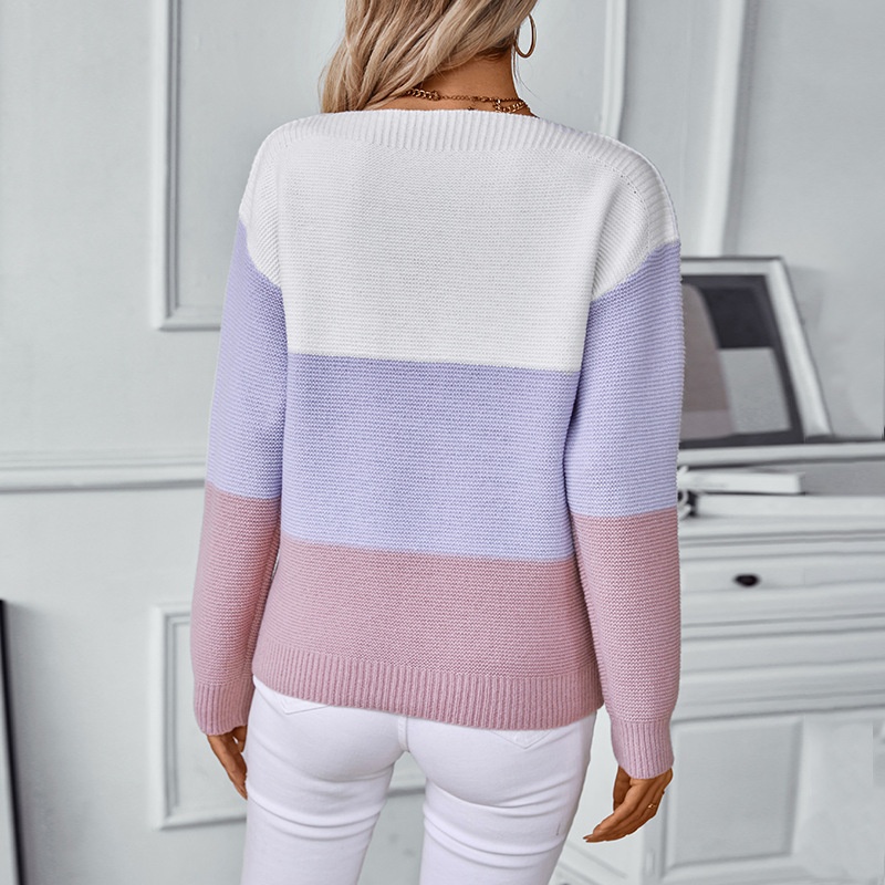 ChicShe ChicShe Rainy Color Block Off-Shoulder Button Pullover Women's European And American Style Sweater Autumn Winter Casual Loose_voghion.com