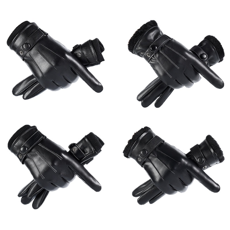 boy Boy Boy PU Wool Screw Mouth Three-Line Fleece-Lined Arctic Fleece Thickened Gloves Cycling Warm Touchscreen Men Winter_voghion.com