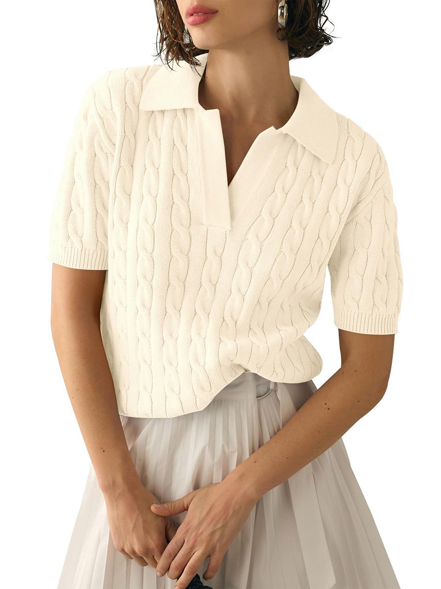ChicShe ChicShe 2025 Commerce extérieur Européen et américain Polo à manches courtes pour femmes, maille décontractée, couleur unie, maille torsadée_voghion.com