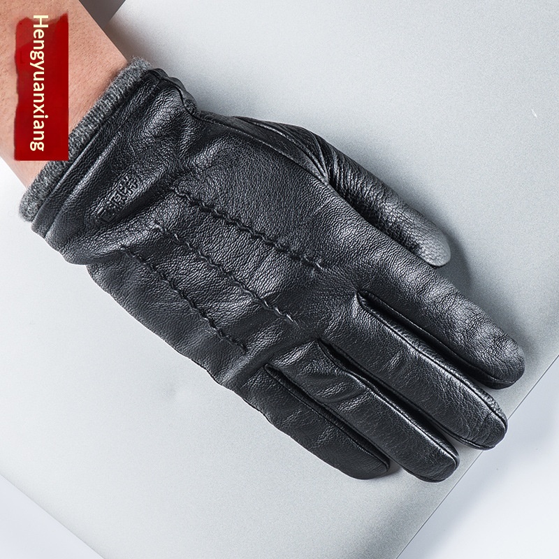 boy Boy Boy Hengyuanxiang Sheepskin Touchscreen Men's Autumn Winter Trendy Fleece Lined Thickened Cycling Genuine Leather Gloves_voghion.com