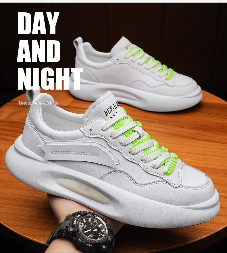 Tênis esportivo Zees de couro genuíno para casal, com sola grossa, branco, estilo casual e moderno, ideal para outono/inverno. Versátil e estiloso, perfeito para homens e mulheres._voghion.com