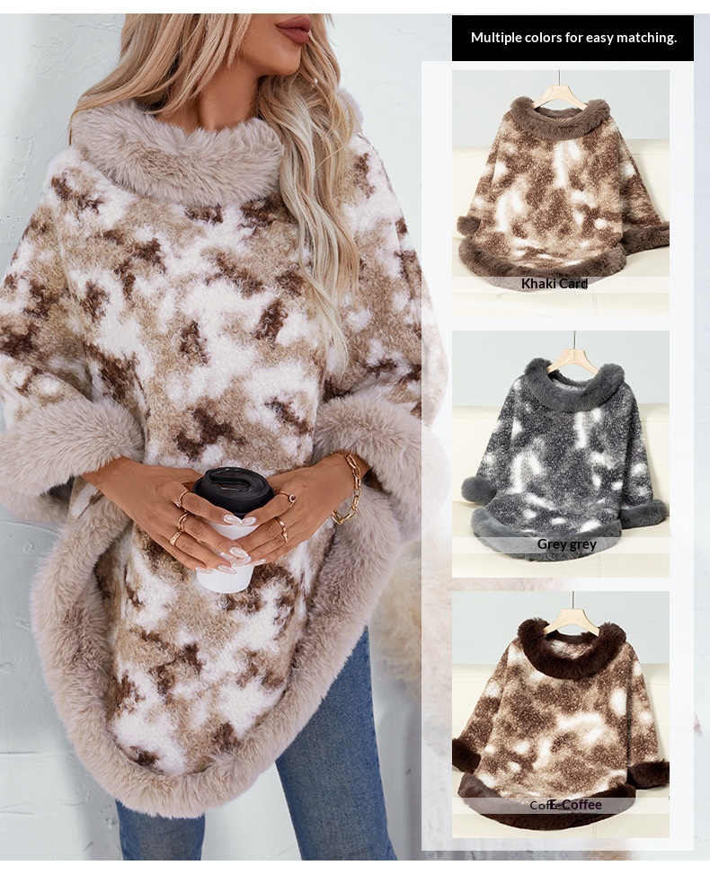 ChicShe ChicShe Fuzzy Rain European And American Cross-Border Fur Collar Pullover Color-Block Leopard Print Knitted Cape For Women_voghion.com