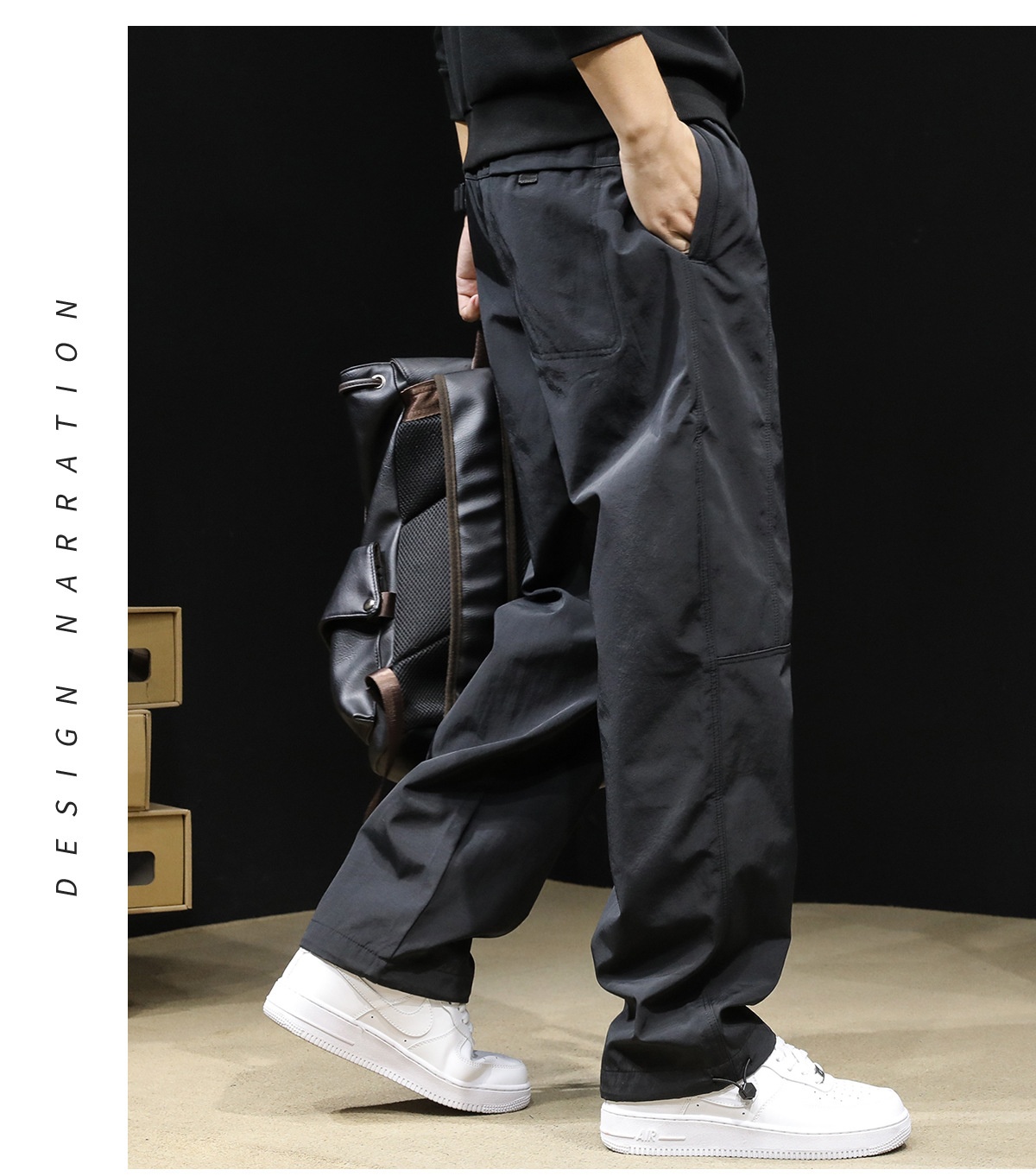 Pantaloni cargo larghi e dritti neri alla moda da uomo, nuovi, autunno 2025, casual_voghion.com