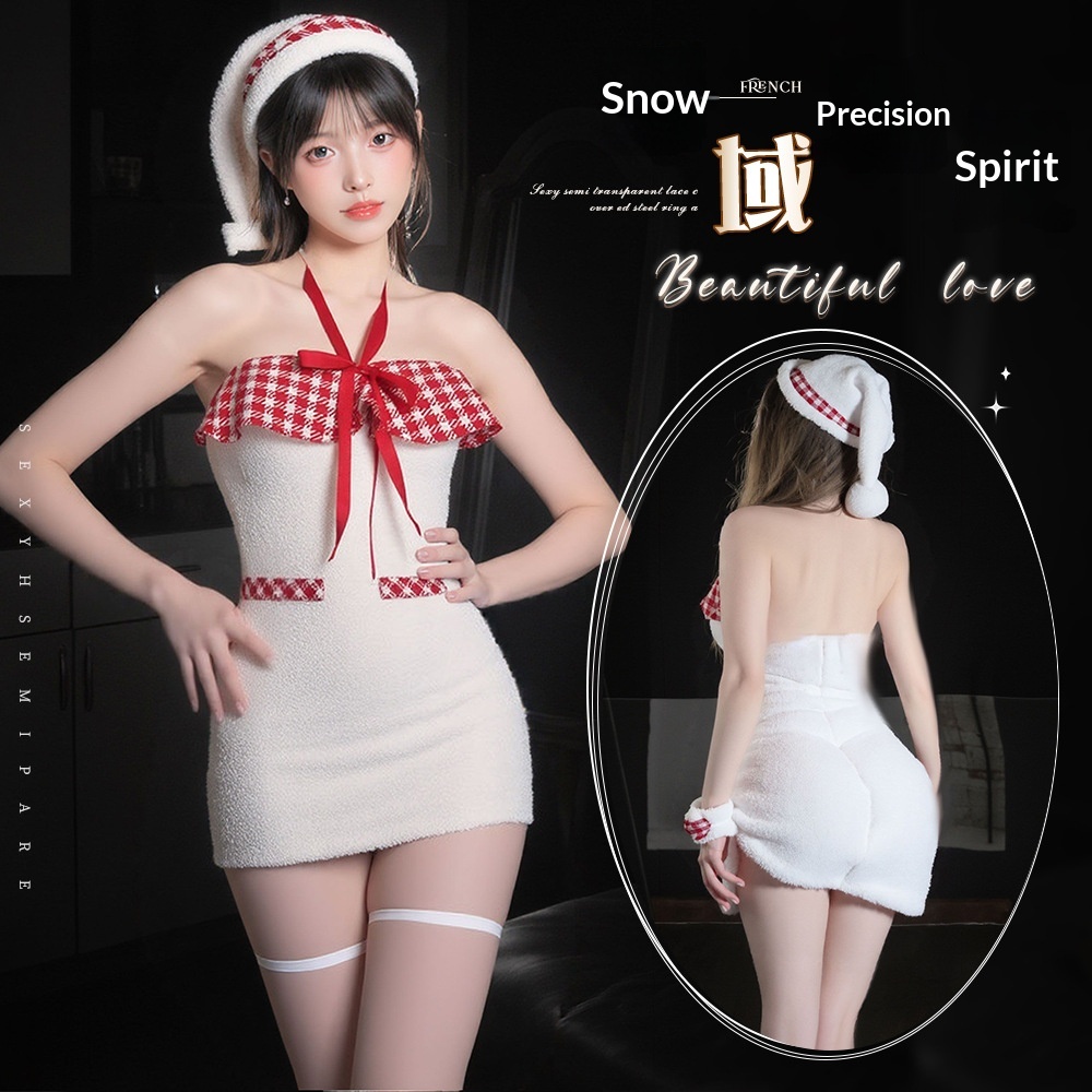 Eros Lab Lingerie Snowy Elf Christmas Girl Cute Pure Desire Fluffy Plaid Halter Neck Hot Sexy Bodycon Mini Dress_voghion.com