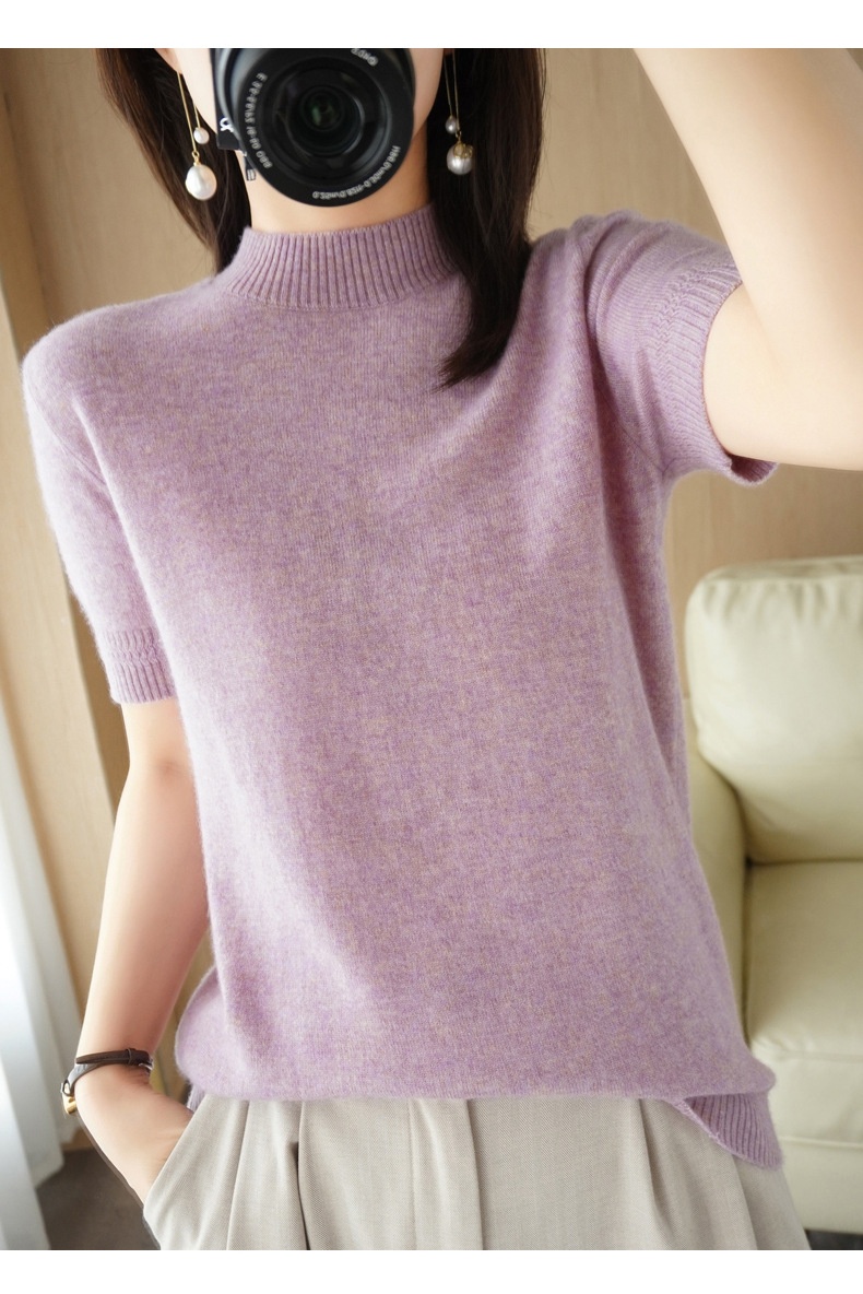 ChicShe ChicShe Spring And Autumn Turtleneck Women's Base Shirt Loose Wool Blend Short Inner Wear Half Sleeve Knitted Thin Sweater_voghion.com