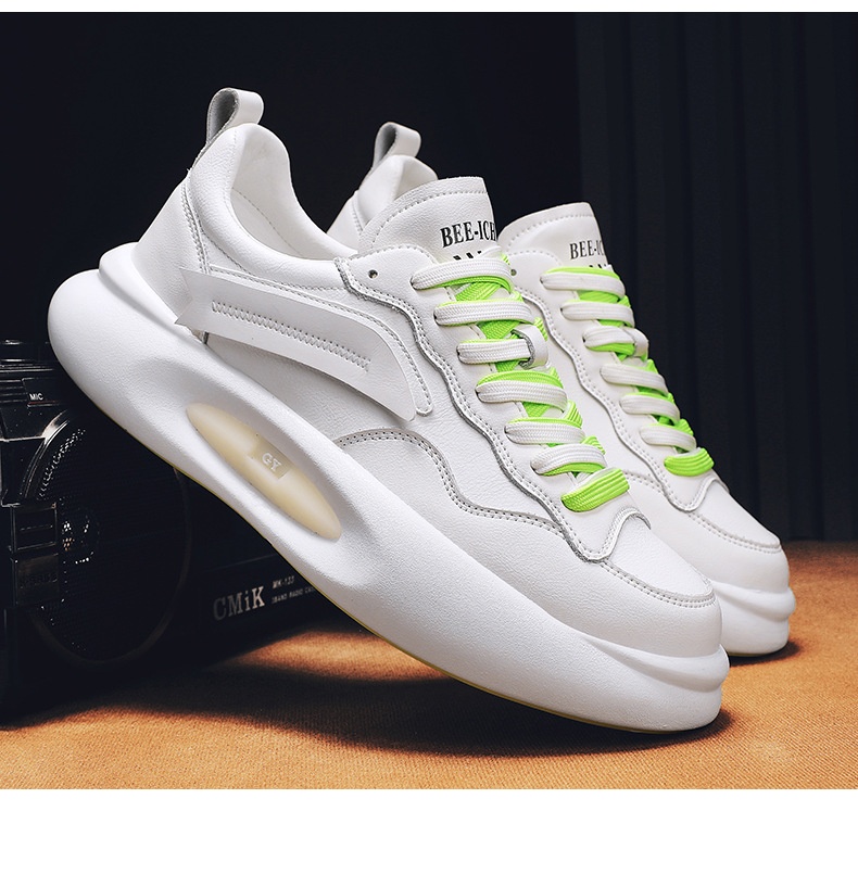 Tênis esportivo Zees de couro genuíno para casal, com sola grossa, branco, estilo casual e moderno, ideal para outono/inverno. Versátil e estiloso, perfeito para homens e mulheres._voghion.com