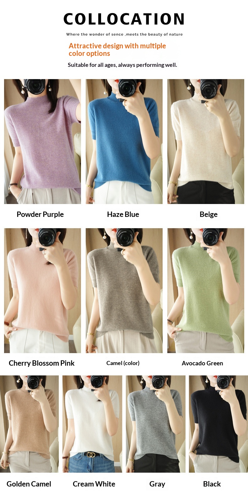 ChicShe ChicShe Spring And Autumn Turtleneck Women's Base Shirt Loose Wool Blend Short Inner Wear Half Sleeve Knitted Thin Sweater_voghion.com