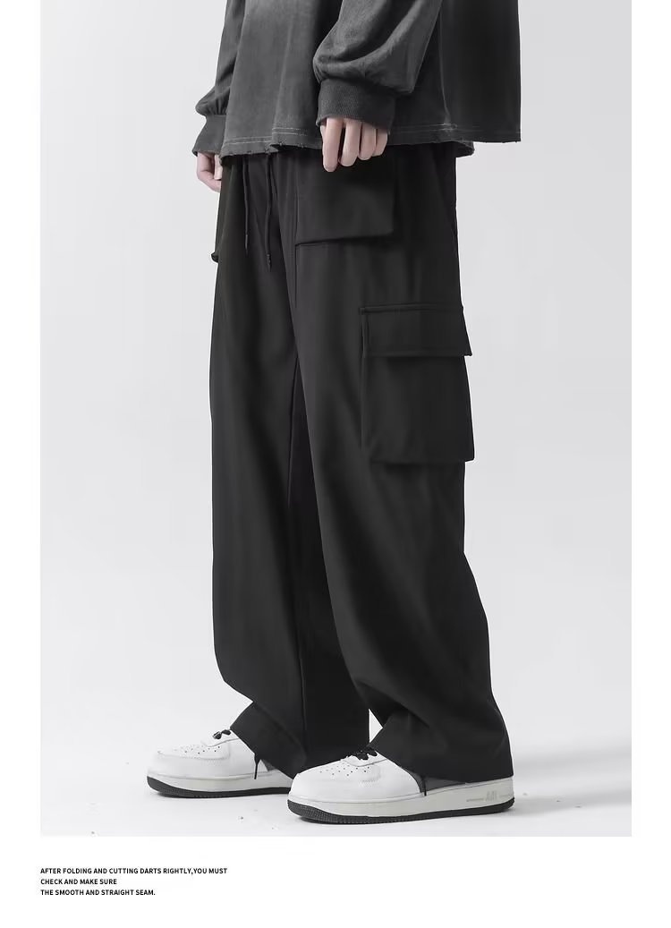 boy Black Cargo Casual 2023 Spring Autumn Versatile Stylish Wide-leg Sports Straight Pants For Men_voghion.com