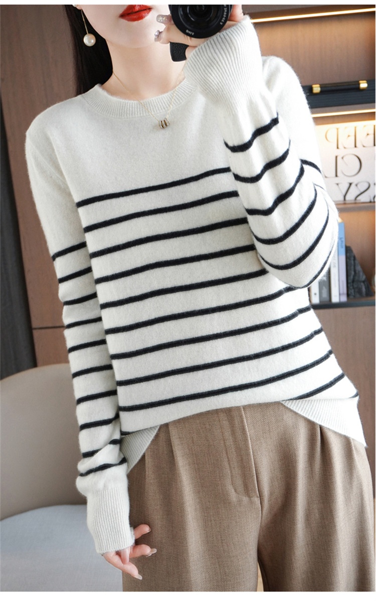 ChicShe ChicShe Women's Round Neck Sweater 2023 Autumn Winter New Long Sleeve Striped Pullover Slimming Knitted Wool Base Shirt_voghion.com