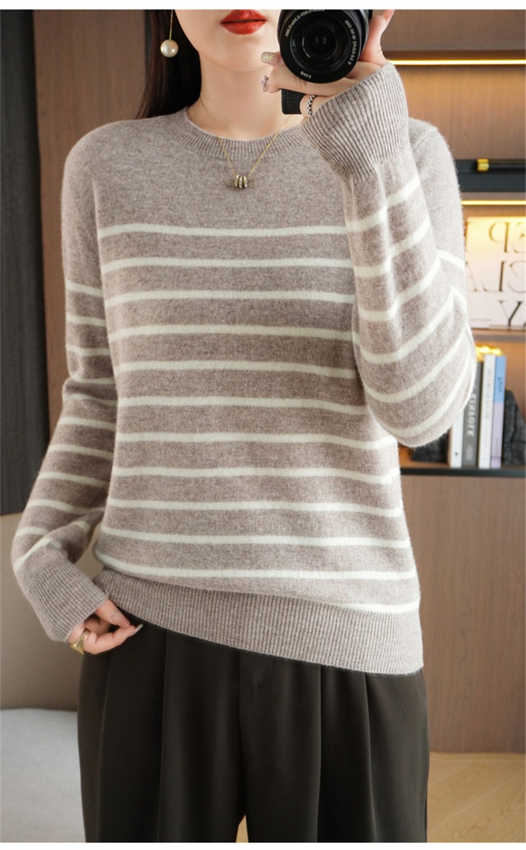 ChicShe ChicShe Women's Round Neck Sweater 2023 Autumn Winter New Long Sleeve Striped Pullover Slimming Knitted Wool Base Shirt_voghion.com