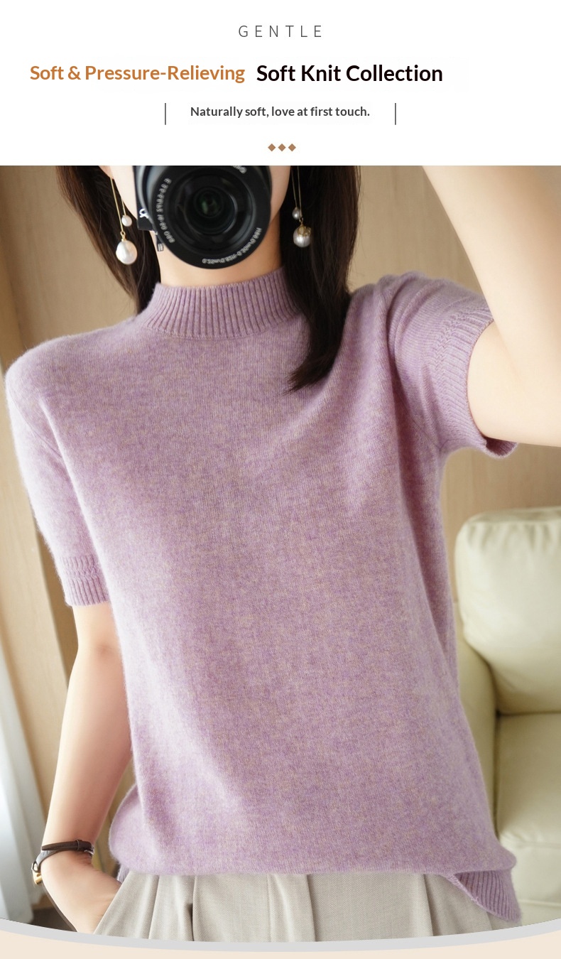 ChicShe ChicShe Spring And Autumn Turtleneck Women's Base Shirt Loose Wool Blend Short Inner Wear Half Sleeve Knitted Thin Sweater_voghion.com