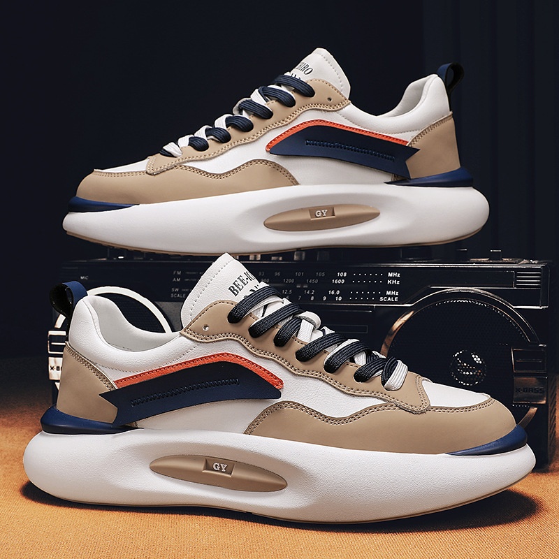 Tênis esportivo Zees de couro genuíno para casal, com sola grossa, branco, estilo casual e moderno, ideal para outono/inverno. Versátil e estiloso, perfeito para homens e mulheres._voghion.com