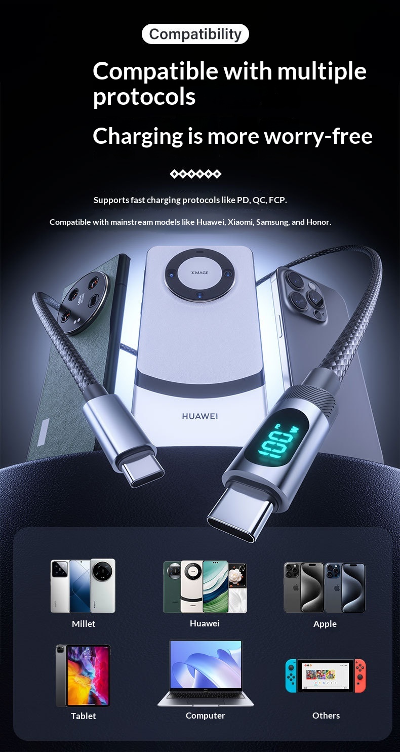 Digitex Zinc Alloy Braided TC CC Single Line Compatible With 15/14 Huawei Smart Digital Display Super Fast Charging Data_voghion.com