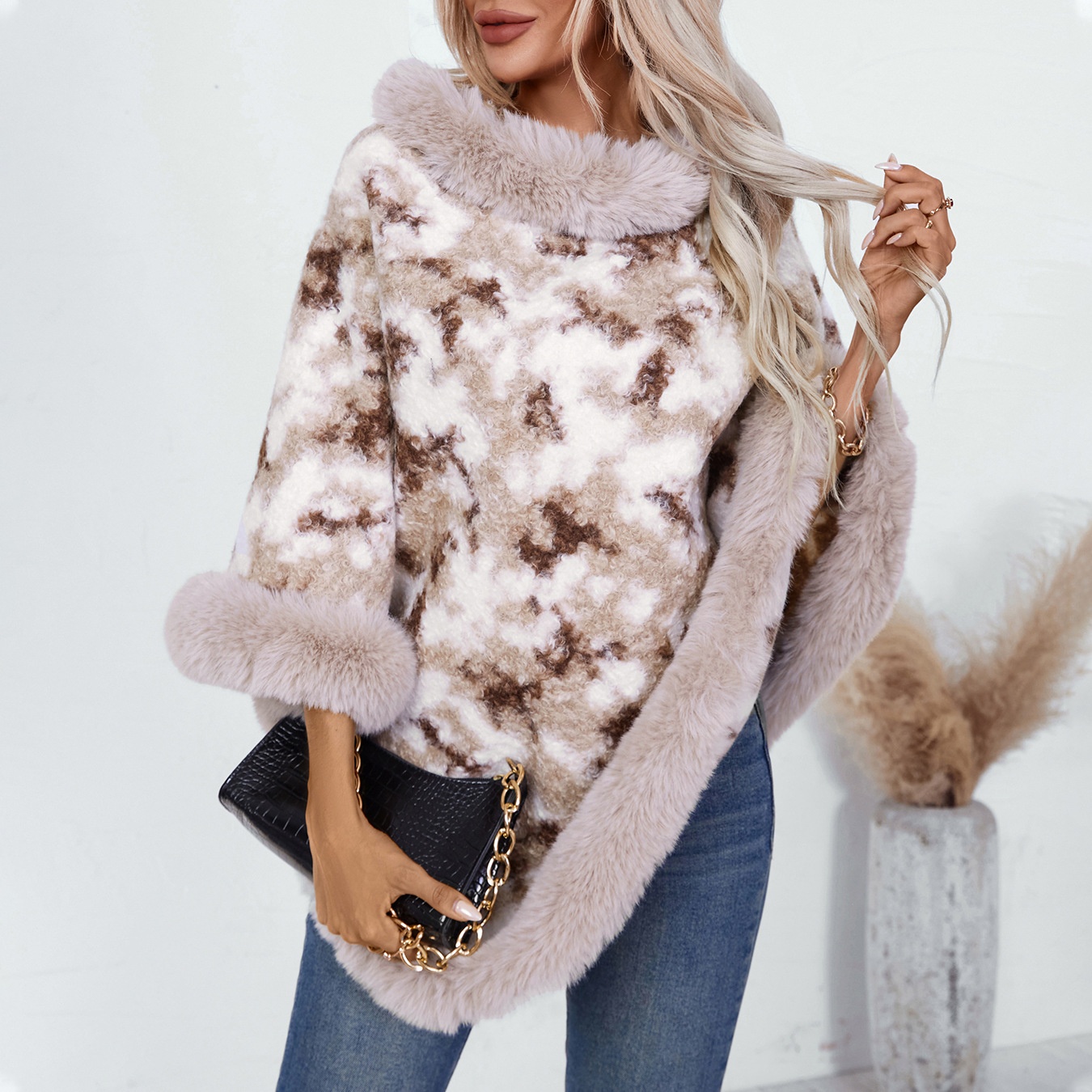 ChicShe ChicShe Fuzzy Rain European And American Cross-Border Fur Collar Pullover Color-Block Leopard Print Knitted Cape For Women_voghion.com