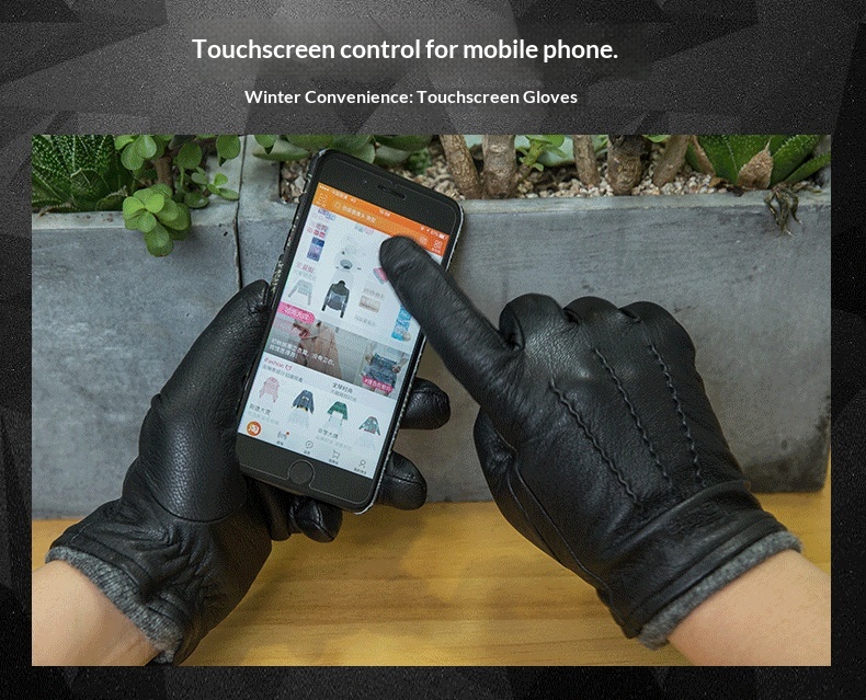 boy Boy Boy Hengyuanxiang Sheepskin Touchscreen Men's Autumn Winter Trendy Fleece Lined Thickened Cycling Genuine Leather Gloves_voghion.com