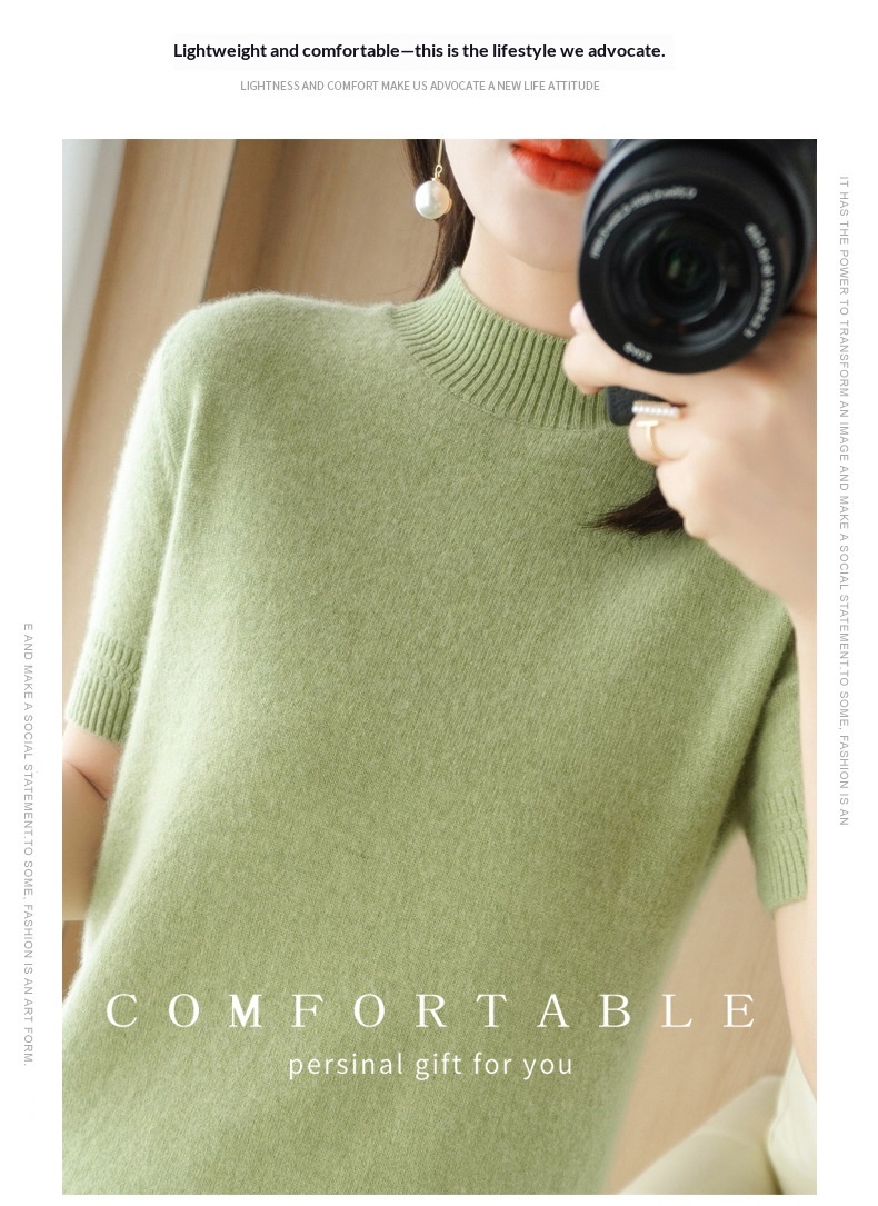 ChicShe ChicShe Spring And Autumn Turtleneck Women's Base Shirt Loose Wool Blend Short Inner Wear Half Sleeve Knitted Thin Sweater_voghion.com